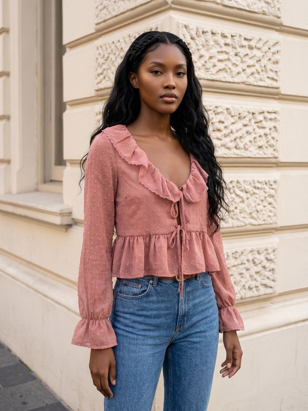 Women's Dusty Rose Ruffle Tie-Front Peplum Blouse